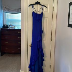 Royal blue open back evening gown